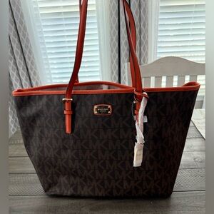 Michael Kors Dark Brown Orange/Red Travel Tote